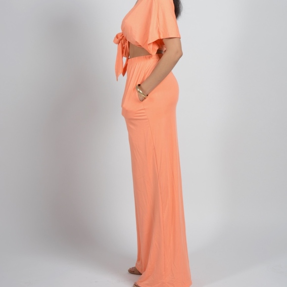 Orange Two Piece Gaucho V-Neck Set - Picture 3 of 4